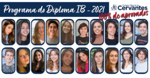 A imagem de divulgação traz o título Programa do Diploma IB - 2021 - 100% de aprovados. Abaixo os retratos dos 20 alunos promovidos. São 13 meninas e 7 meninos.